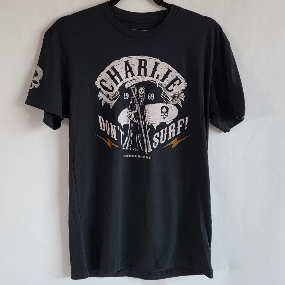 Zero Foxtrot black charlie don't surf vietnam resort beach graphic shirt small